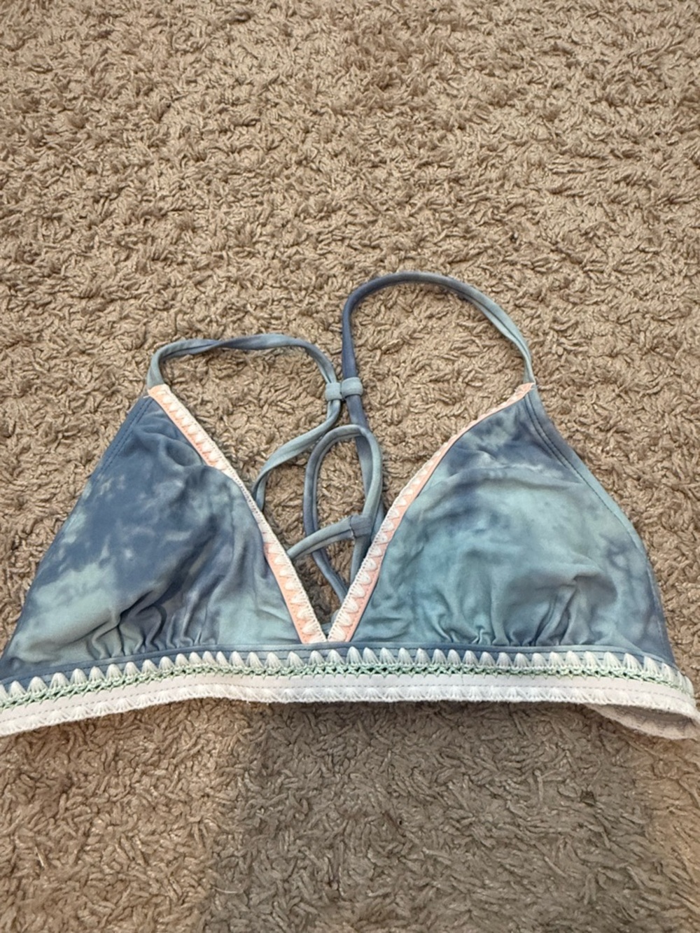 Blue Tie-Dye Bikini Top with Crisscross Front